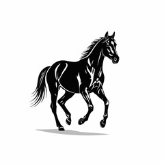 Elegant black horse galloping gracefully across a pristine white backdrop.