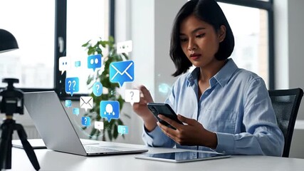 Young Asian businesswoman works in a modern office, surrounded by glowing holographic digital communication icons. She multitasks with a laptop, tablet, and phone, symbolizing AI, networking, and futu - Powered by Adobe