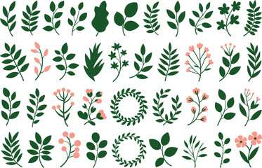 Fototapeta premium Assortment of Green Leaves and Pink Flowers with Branches and Wreaths