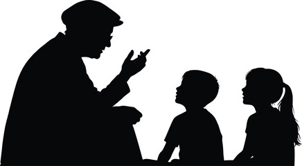 Silhouette of an older person telling a story to two attentive young children isolated on white background