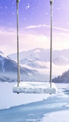 Dreamy Winter Landscape with Snow-Covered Swing Above a Frozen Mountain Lake Under an Ethereal Purple Sky.