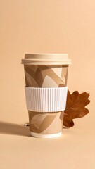 Craft Paper Takeaway Coffee Cup with Sleeve and Autumn Oak Leaf on Beige Minimal Studio Background