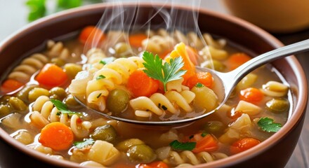 Hot Vegetable Soup With Pasta and Fresh Parsley in a Bowl