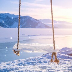 Conceptual Ice Swing on Coarse Ropes Above Frozen Lake and Snowy Mountains at Winter Sunset