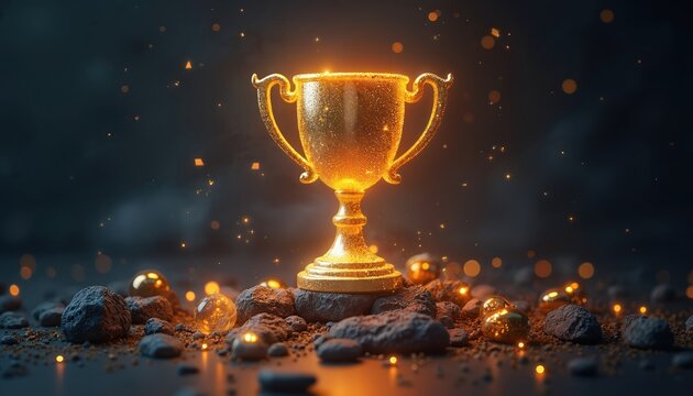 Golden trophy with sparkles on dark ground. Shiny award sits on rocks, surrounded by glowing orbs and particles. Symbolizes achievement, winning, and recognition.