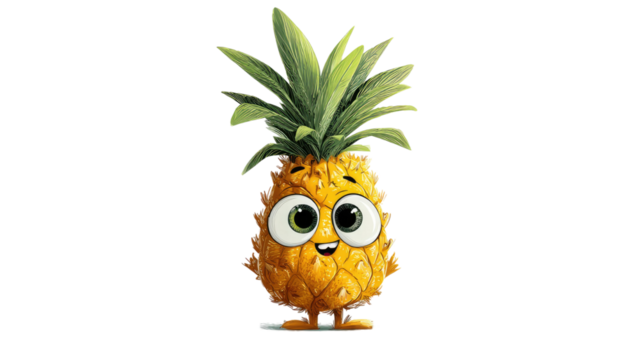 Cute pineapple cartoon illustration with cheerful facial expression and bright tropical fruit details presented isolated on white background