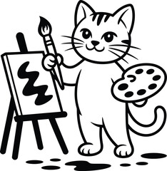 Cartoon Cat Artist Painting on Easel paintbrush