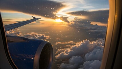 View from an airplane window during a beautiful sunset over the clouds.