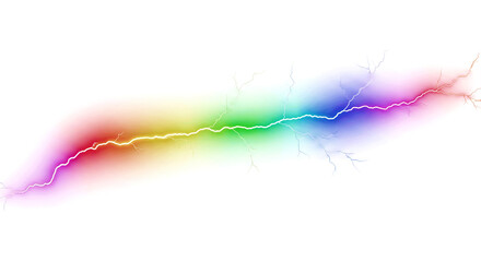 Naklejka premium Dynamic rainbow lightning bolt crackles across a stark black background, symbolizing energy and power