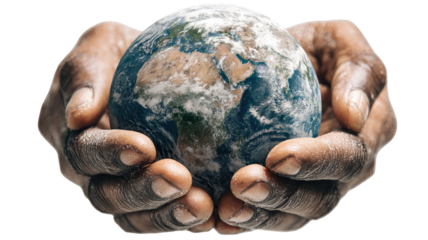 Human hand gently holding the detailed Earth globe symbolizing global care, protection, environment and unity isolated on white background