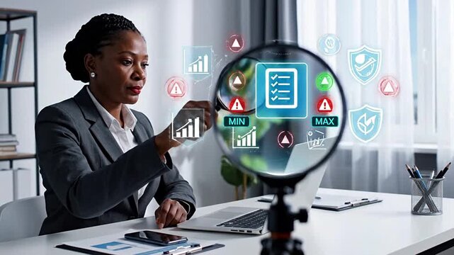 African American businesswoman in a modern office analyzes data using a futuristic augmented reality interface. She interacts with virtual charts, statistics, and a magnifying glass for business intel