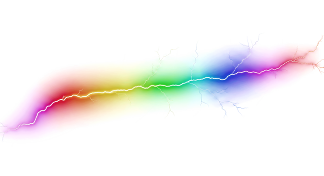 Dynamic rainbow lightning bolt crackles across a stark black background, symbolizing energy and power