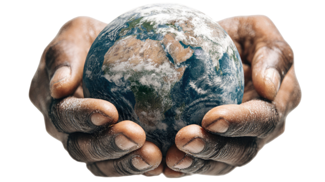 Human hand gently holding the detailed Earth globe symbolizing global care, protection, environment and unity isolated on white background