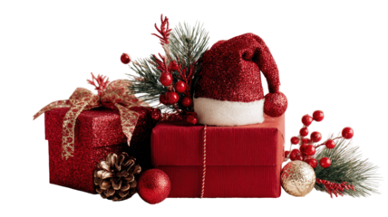 Cheerful Santa Claus holding a festive gift box in his classic red suit for Christmas celebration isolated on white background