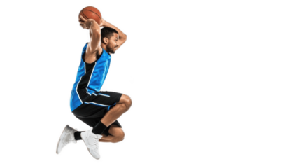 Explosive basketball player in blue jersey leaping high with ball cocked behind head for powerful slam dunk on white background, capturing athleticism, vertical jump, intensity and street style flair
