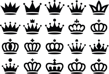 Collection of Black Crown Silhouettes on White Background
