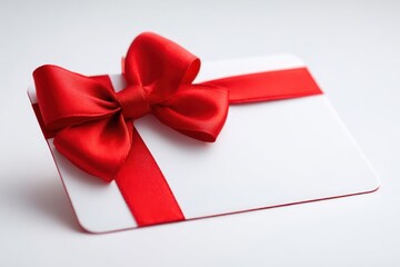 Blank white gift card with a vibrant red satin ribbon bow and a matching ribbon accent on a clean white background