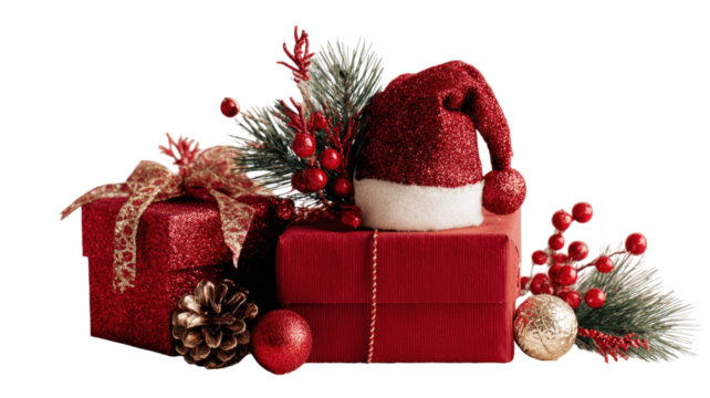 Cheerful Santa Claus holding a festive gift box in his classic red suit for Christmas celebration isolated on white background