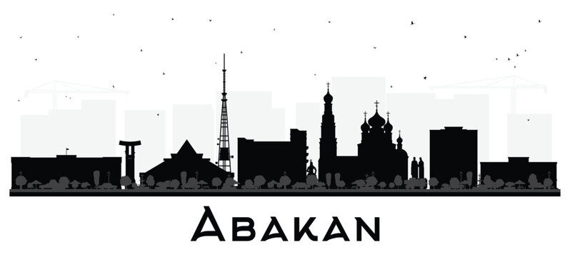 Abakan Russia city skyline silhouette with black buildings isolated on white. Abakan cityscape with landmarks. Business travel and tourism concept with modern and historic architecture.