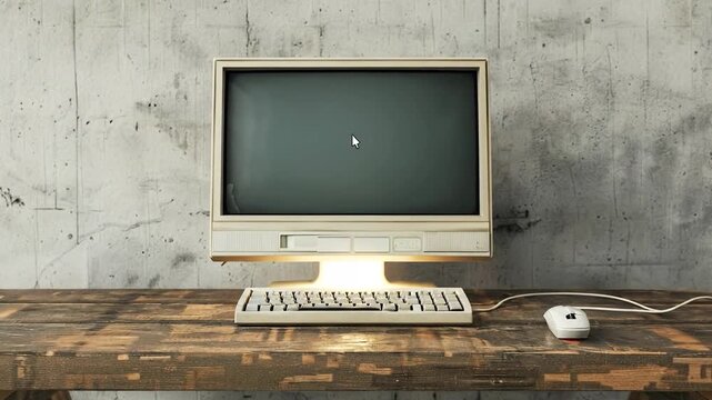 A vintage computer setup featuring an old CRT monitor, keyboard, and mouse on a rustic wooden desk against a textured concrete wall.