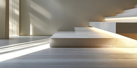 Modern minimalist interior featuring elegant staircase and soft natural light during the afternoon