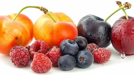 A vibrant assortment of fresh summer fruits including peaches, plums, raspberries, and blueberries, glistening with water droplets on a white background. - Powered by Adobe