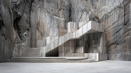 A modern stone staircase structure built into a rock formation. The architectural design features geometric shapes and lines, with a minimalist aesthetic.