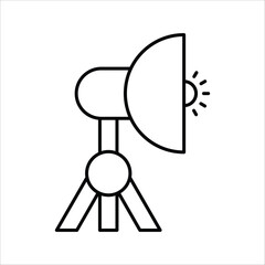 Clean line icon of a professional studio light on a tripod, symbolizing the essential concept of controlled illumination for photography and creative content, ideal for capturing perfect images