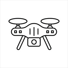 Vector line icon of a modern quadcopter drone with camera, symbolizing unmanned aerial technology for aerial photography, remote sensing