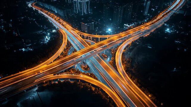 Aerial view of a complex highway interchange at night, illuminated by bright streetlights, showcasing urban infrastructure and transportation networks.