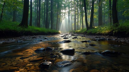 A stream flows through a lush green forest, with sunlight streaming through the trees creating a misty atmosphere.