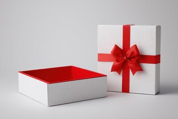 Elegant white gift box with red ribbon and bow lid open revealing red interior isolated on white background
