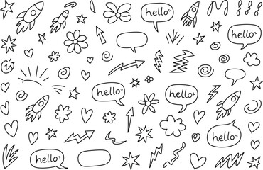 Hand Drawn Doodle Elements Rocket Star Heart Cloud Arrow Hello