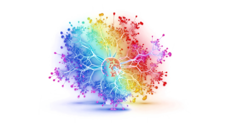 Vibrant neural network illustration glowing with rainbow energy against a deep black background