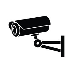 Black silhouette of a wall-mounted cctv security surveillance camera, monitoring icon, video camera symbol, protection, safety, and technology concept vector illustration on white background.