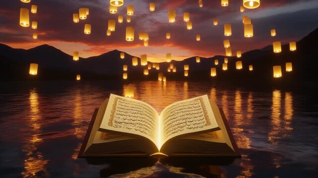 An open Quran rests by a tranquil lake as glowing lanterns float into the sunset sky, a spiritual and peaceful scene