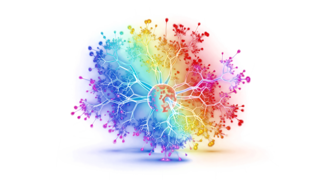 Vibrant neural network illustration glowing with rainbow energy against a deep black background