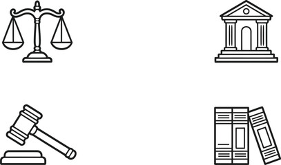 Legal Icons: Scales of Justice, Courthouse, Gavel, and Books