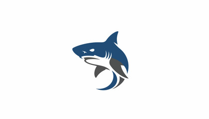 Fototapeta premium A stylized blue and grey shark logo emblem on a clean white background.