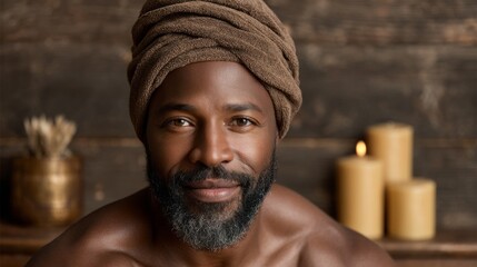 A man enjoying a moment of tranquility, seated in a serene setting. He wears a towel on his head, surrounded by soft candlelight and natural decor, embodying relaxation and self-care