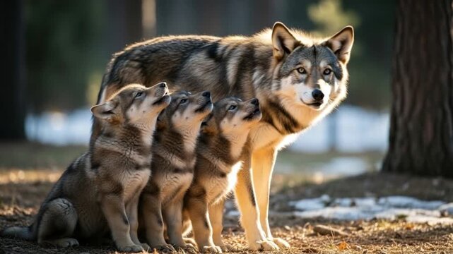 A wolf and her cubs play and nuzzle in a forest clearing with patches of snow and trees.