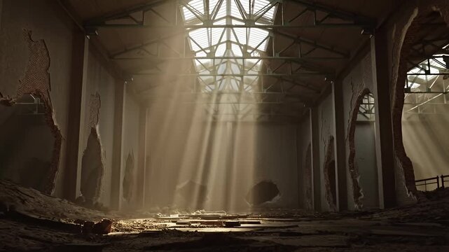 Atmospheric sunbeams piercing abandoned derelict building interior rays of light