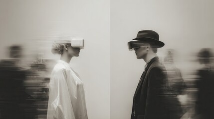 Man and Woman Wearing VR Headsets in a Digital World