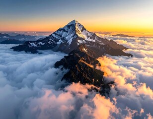 Majestic snow-capped mountain peak amidst a sea of fluffy clouds at dawn