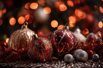 Red and Gold Christmas Ornaments with Bokeh Lights Background