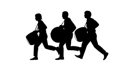 Three silhouetted drummers running with traditional drums, isolated on transparent background