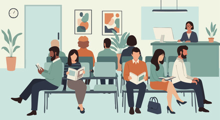 Diverse Group of Patients Waiting in a Busy and Modern Medical Clinic Reception Area.