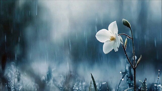 A single white flower with raindrops, set against a blurred background of rain and foliage. The image has a moody, cool color palette.