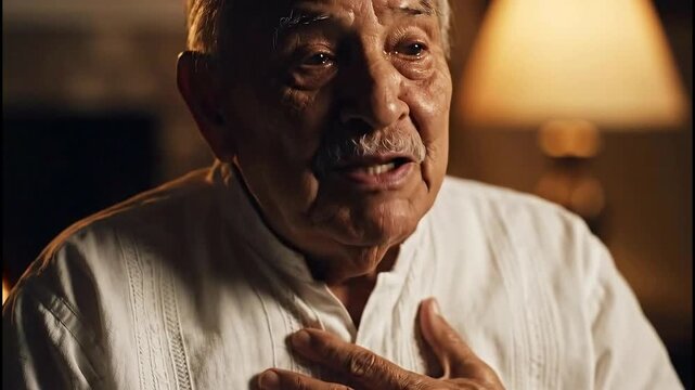 Elderly man sharing heartfelt stories in a cozy, warmly lit room, evoking nostalgia and connection