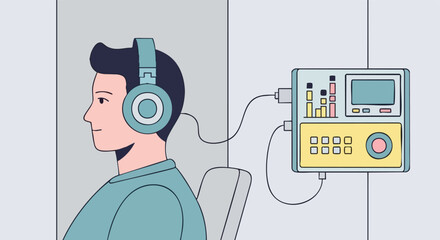 Male Patient Undergoing a Hearing Test using Headphones Connected to an Audiometer.